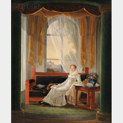 French School, Early 19th Century Neoclassical Interior with a Seated Young Woman