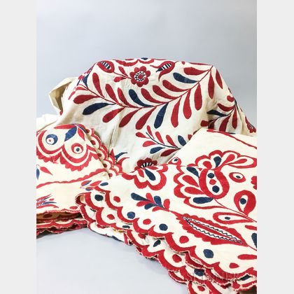 Three Pieces of Red and Blue Embroidered Linen Textiles