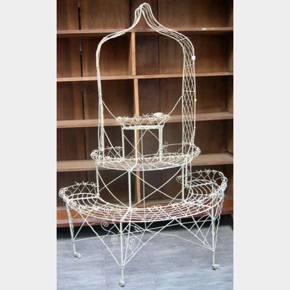 White Painted Wire Three-Tier Plant Stand with Arch. 