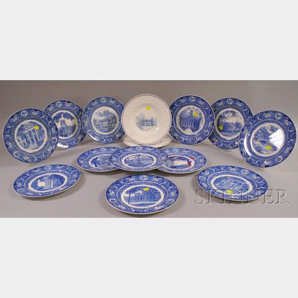 Twelve Wedgwood Blue and White University of Iowa Ceramic Plates and Two Illinois College Ceramic Plates. 