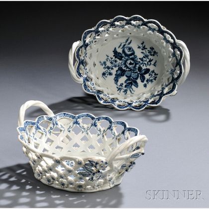 Pair of Dr. Wall Period Worcester Porcelain Blue and White Baskets