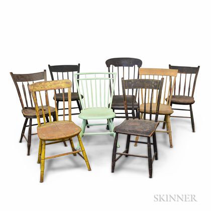Eight Country Painted Bamboo-turned Windsor Chairs. Estimate $100-200