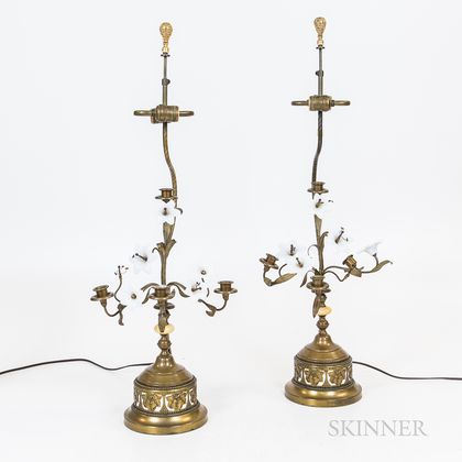 Pair of Continental Brass and Stone Candelabra