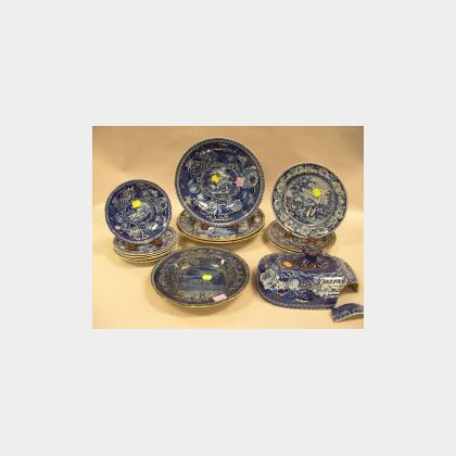Nine Small Blue and White Transfer Decorated Staffordshire Plates, Four Bowls and a Cover