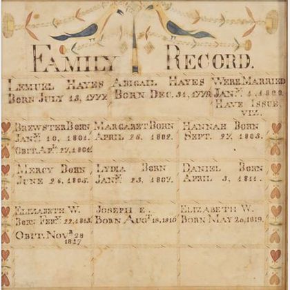 Attributed to Moses Connor, Jr. (New Hampshire, active 1800-1832) Family Record: Lemuel and Abigail Hayes.
