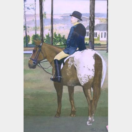 Framed Watercolor Portrait of a Woman Equestrian on Horseback