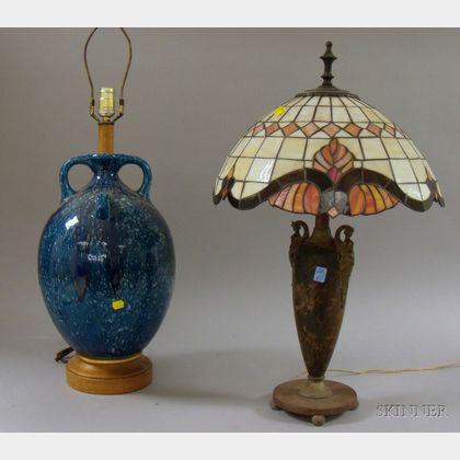 Mottled Blue Glazed Earthenware Bottle/Table Lamp Base and a Patinated Cast Metal Table Lamp with Leaded Art Glass Dome Shade