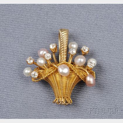 Antique 14kt Gold, Diamond, and Seed Pearl Basket Pendant