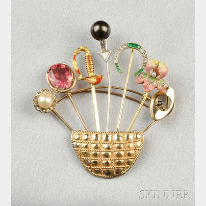 14kt Gold Gem-set Stickpin "Flower Basket" Brooch