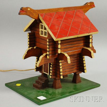 Folk Carved and Painted Wood Lodge Model