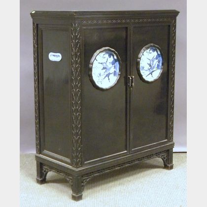 Chinese Chippendale-style Black Lacquered Wood and Porcelain-inset Two-door Cabinet