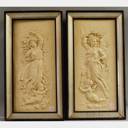 Pair of Framed Classical Plaster Bas Relief Plaques Dawn and Dusk
