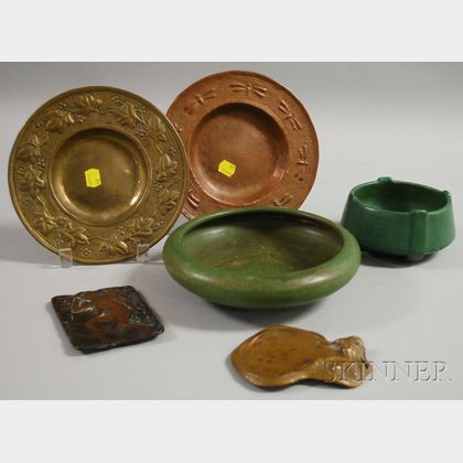 Two Matte Green Glazed Art Pottery Bowls and Four Art Metal Table Items