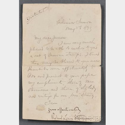 Stevenson, Robert Louis (1850-1894) Dictated Note Signed, Vailima Samoa, 11 May 1893.