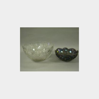 Blue Carnival Glass Bowl And A Colorless Pressed Glass Punchbowl. 