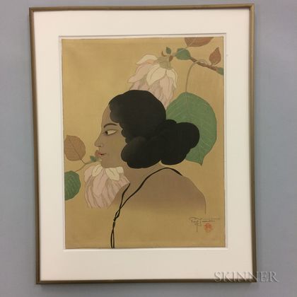 Paul Jacoulet (1902-1960) Woodblock Print, Fleurs Violettes Tomil Yap 