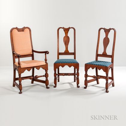 Turned and Carved Queen Anne Armchair and Pair of Matching Side Chairs