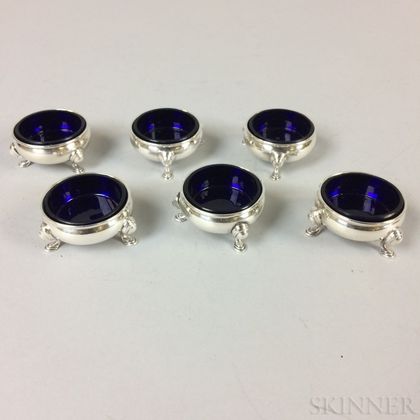 Set of Six Adie Brothers Sterling Silver and Cobalt Glass Footed Salts