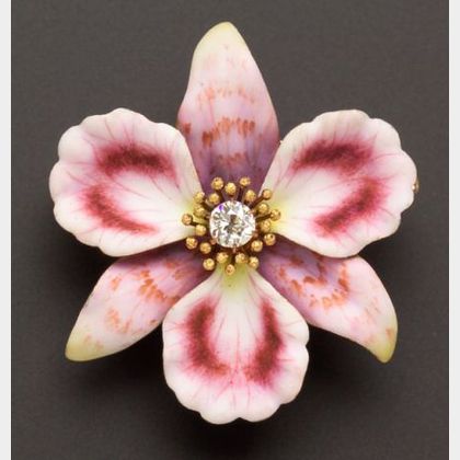 Art Nouveau Enamel and Diamond Orchid Pendant/Brooch