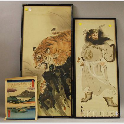 Two Framed Japanese Paintings on Silk and an Unframed Woodblock Print