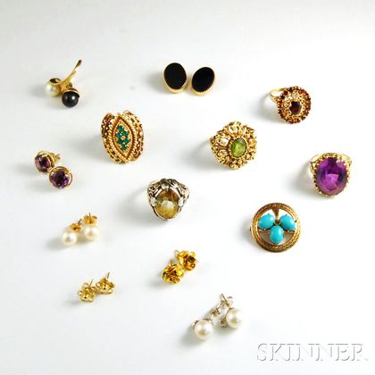 Thirteen Gold Gem-set Jewelry Items