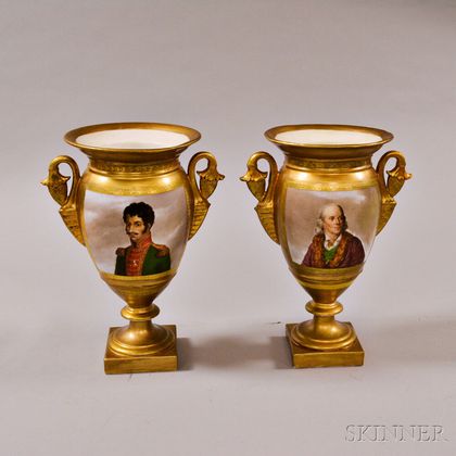 Pair of Parisian Porcelain Portrait Urns of Franklin and Bolivar
