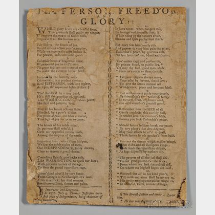 Jefferson, Thomas (1743-1826) Broadside Song, Jefferson, Freedom, and Glory!!