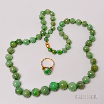 Beaded Jadeite Necklace and 18kt Gold and Jadeite Ring