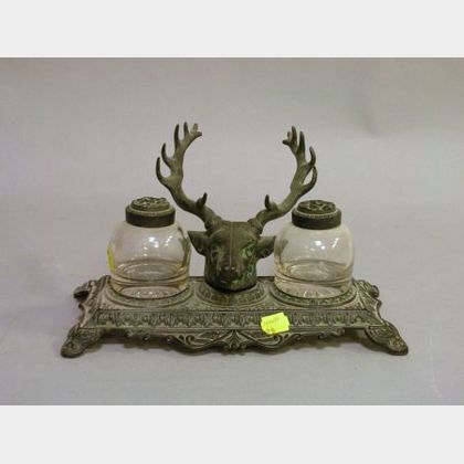 Victorian Patinated Cast Iron Stag's Head Double Inkstand