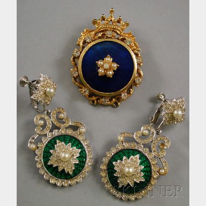 Two Signed Rhinestone, Pearl, and Enamel Costume Jewelry Items