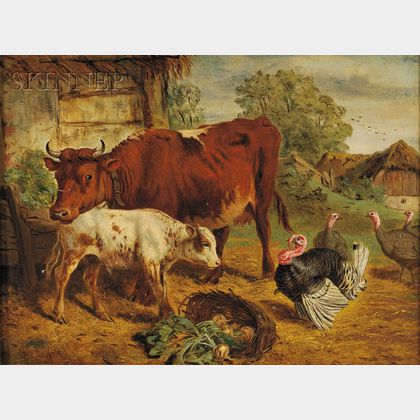 Henry Charles Bryant (British, 1812-1890) Barnyard with Cows and Turkeys