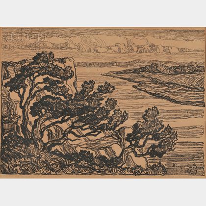 Birger Sandzen (American, 1871-1954) Riverbank with Cedars