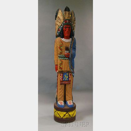 Carved Polychrome Cigar Stove Native American Figure