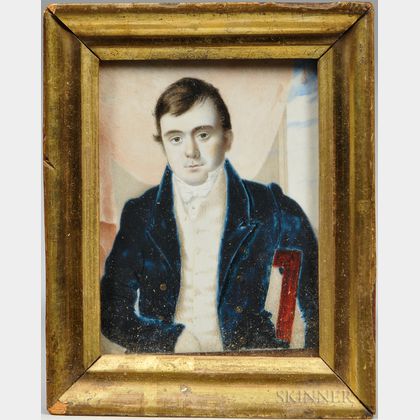 Anglo-American School, Early 19th Century Portrait Miniature of a Young Man in a Blue Coat