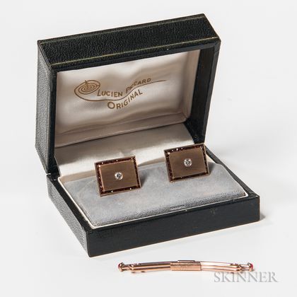 Pair of Lucien Piccard 14kt Gold, Diamond, and Garnet Cuff Links and a Swank 10kt Gold Tie Bar