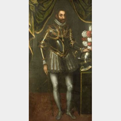 Continental School, 19th Century Full Length Portrait of a Gentleman in Armor with Dress Helmet.