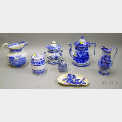 Seven Pieces of Flow Blue Ceramic Tableware