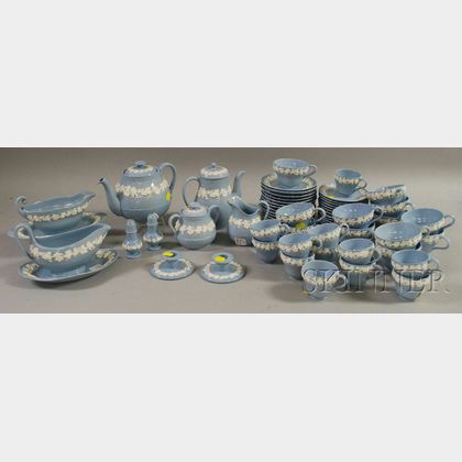 Fifty-eight-piece Wedgwood Light Blue Embossed Queens Ware Tea and Coffee Service 