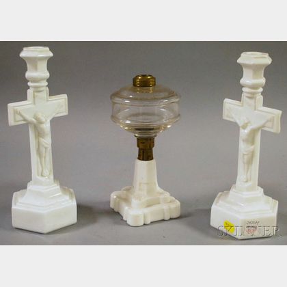 Pair of Pittsburgh Milk Glass Crucifix Candlesticks and a Kerosene Table Lamp Base