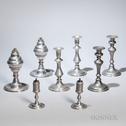 Two Pairs of Pewter Whale Oil Lamps and Two Pairs of Pewter Candlesticks