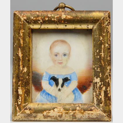 Attributed Clarissa Peters Russell (Massachusetts, 1809-1854) Miniature Portrait of a Child in a Blue Dress Holding a Dog