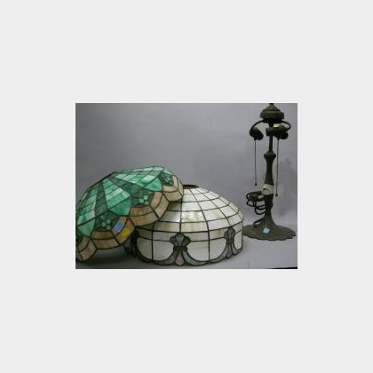 Two Leaded Glass Lamp Shades and Bronze Table Lamp Base. 