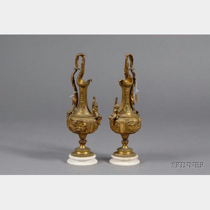 Pair of French Bronze and Marble Ewer-form Mantel Garnitures