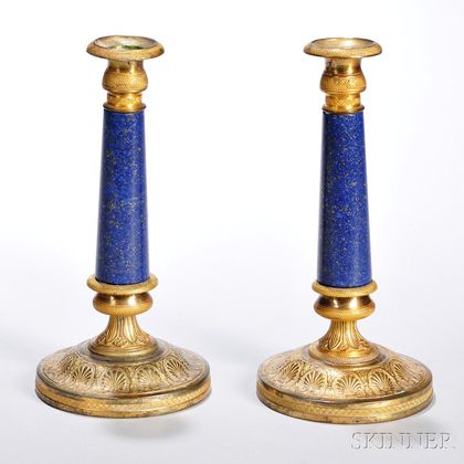 Pair of Empire Revival Lapis Lazuli and Brass Candlesticks