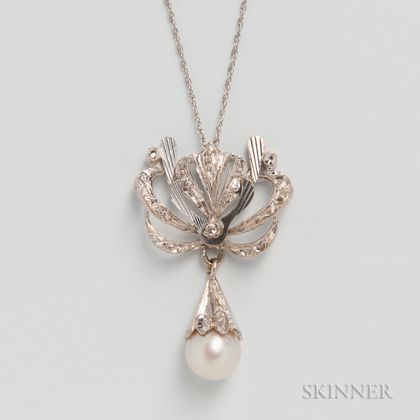 18kt White Gold, Diamond, and Cultured Pearl Pendant