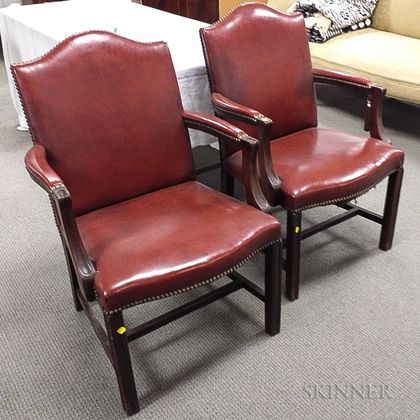 Pair of George II-style Leather-upholstered Mahogany Armchairs