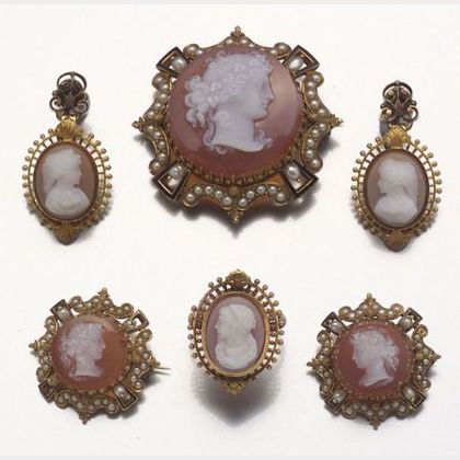 Suite of Victorian Carved Shell Cameo and Seed Pearl Jewelry