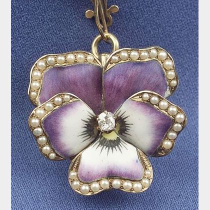 Art Nouveau Enamel and Seed Pearl Pansy Pendant, Crane & Theurer