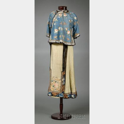 Chinese Embroidered Silk Shirt and Embroidered Brocade Silk Skirt. 