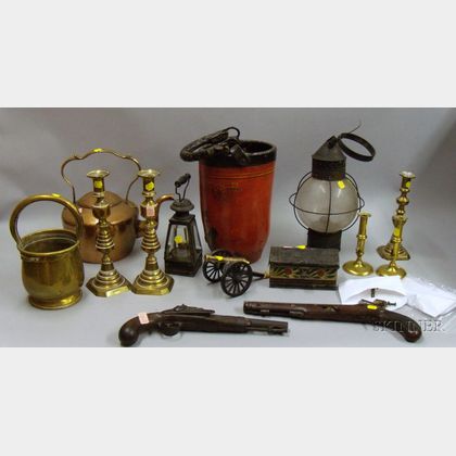Group of American-Themed Decorated Objects and Pair of Pistols and Fire Bucket